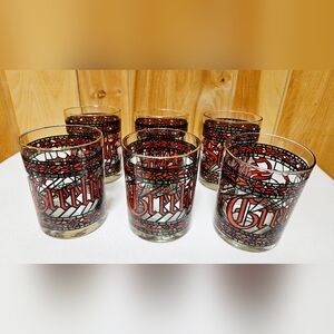 Vintage Houze Set of 6 Season's Greetings Stained Glass Rocks Glasses